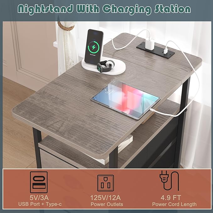 End Table with Charging Station, Side Tables Livingroom with USB Ports and - Image 4