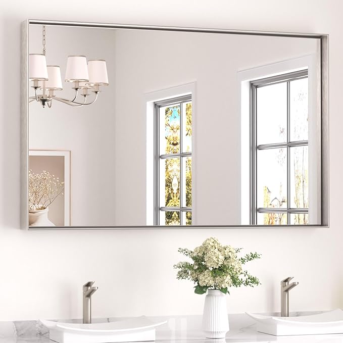 Keonjinn 48 x 30 in Brushed Nickel Bathroom Vanity Mirror, Rectangular Silver by Keonjinn