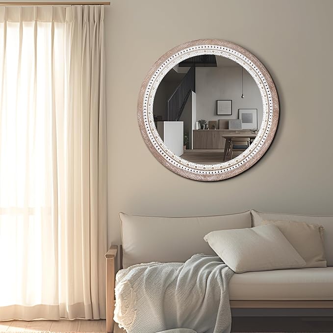 24 Inch Wooden Round Mirror for Wall Decor, Farmhouse Rustic Decorative Circle - Image 3