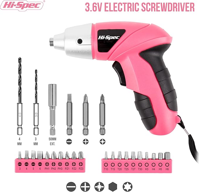 Hi-Spec Electric Screwdriver 27pc 3.6V Pink USB Small Power Screwdriver Set. - Image 2