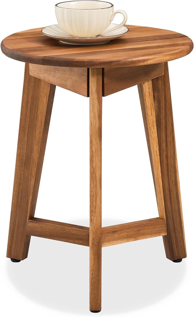 Round Side Table – Solid Acacia Wood End Table by VICTORYRELAX