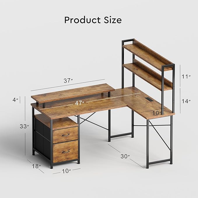 L Shaped Desk with Shelves, Reversible Computer Desk with LED Lights and - Image 3