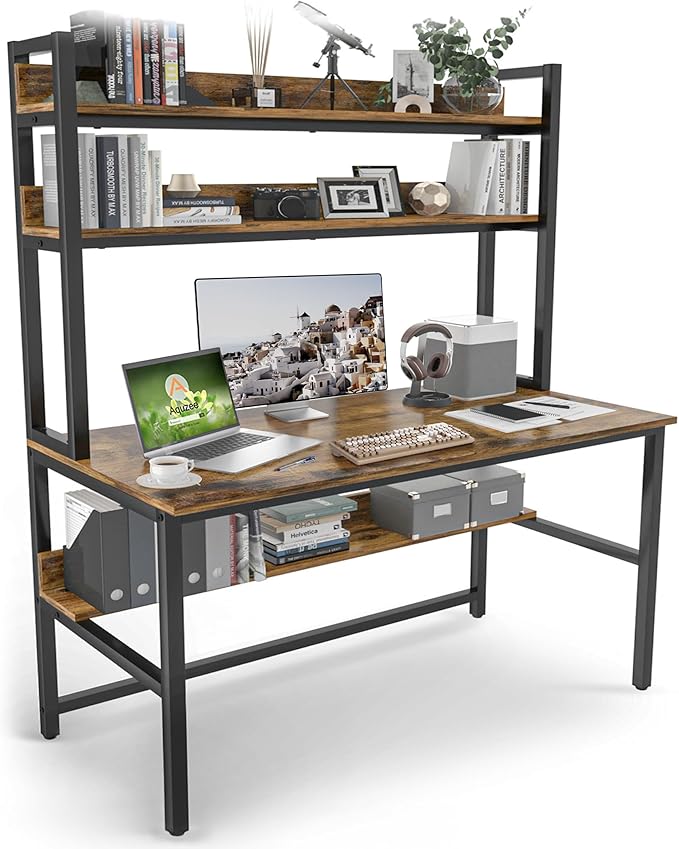 Aquzee Computer Desk with Hutch Bookshelves, 55 Inch Home Office Writing Desk by Aquzee