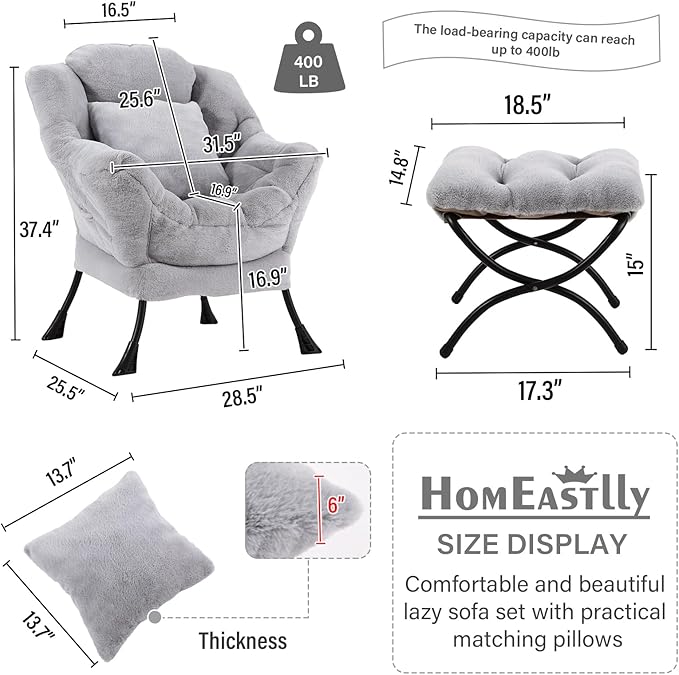 Lazy Chair with Ottoman, Modern Large Accent Lounge Chair with a Pillow - Image 3