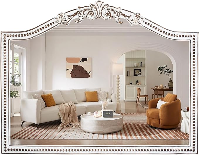 32x42 Inch Ornate Wooden Arched Wall Mirror, Rustic Farmhouse Decorative Wide by HomeDecorationMirror