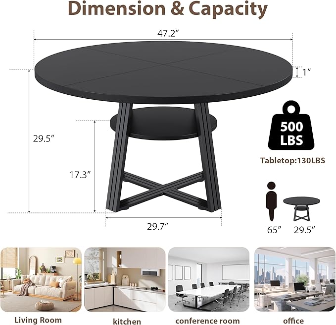 GarveeHome Round Dining Table for 4-6, 47.2" Farmhouse Kitchen Table - Image 2