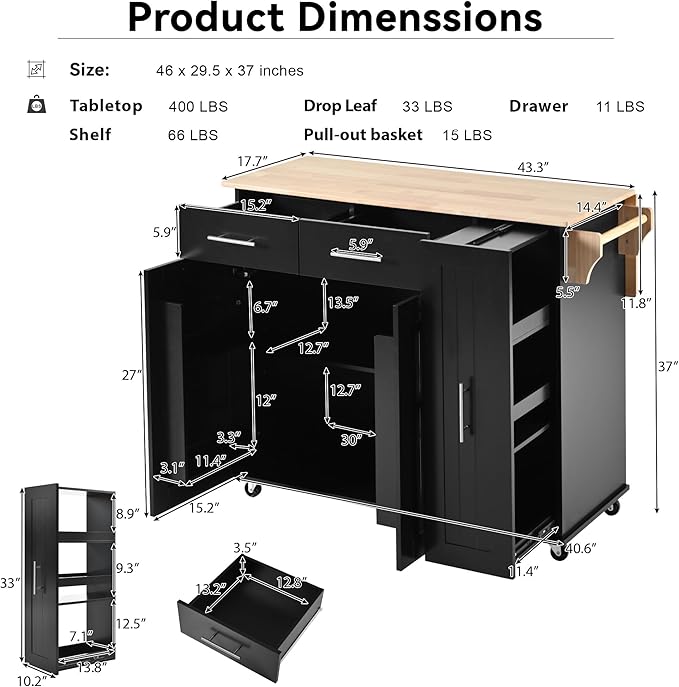 46" Kitchen Island with Drop Leaf, Dining Storage Cart W/ 3 Tier Pull Out - Image 2