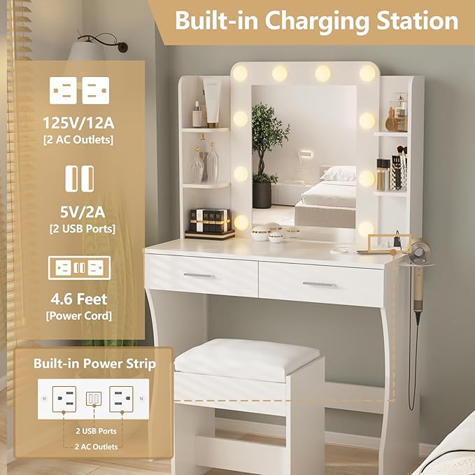 Vabches Vanity Desk with Lights, Makeup Vanity with Power Strip, Dressing Table - Image 4