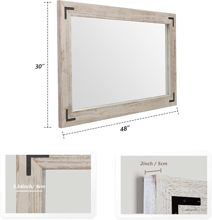 YOSHOOT Rustic Wooden Framed Wall Mirror, Natural Wood Bathroom Vanity Mirror - Image 2