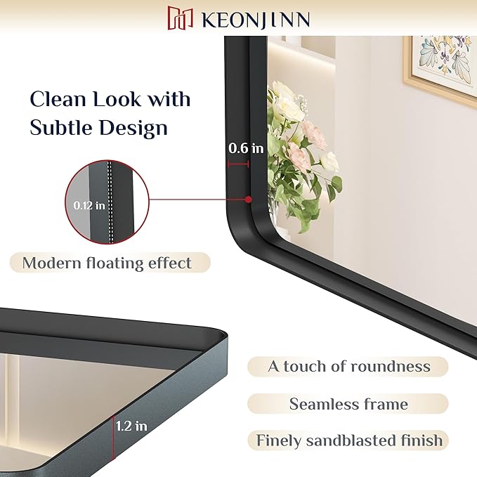 Keonjinn Black Framed Mirrors for Bathroom 30 x 36 Inch Rounded Rectangle Wall - Image 3