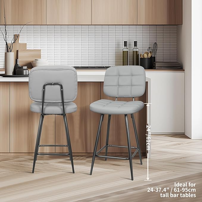Bar Stools Set of 2, 24 Inch Upholstered Metal Barstool - Image 7