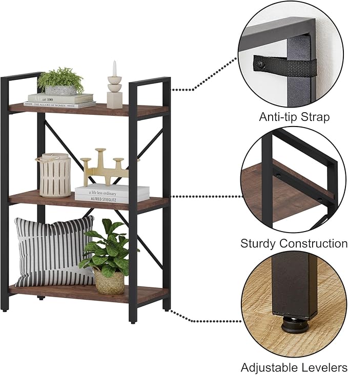 BON AUGURE 3 Tier Industrial Bookshelf, Office Small Open Book Shelf - Image 5