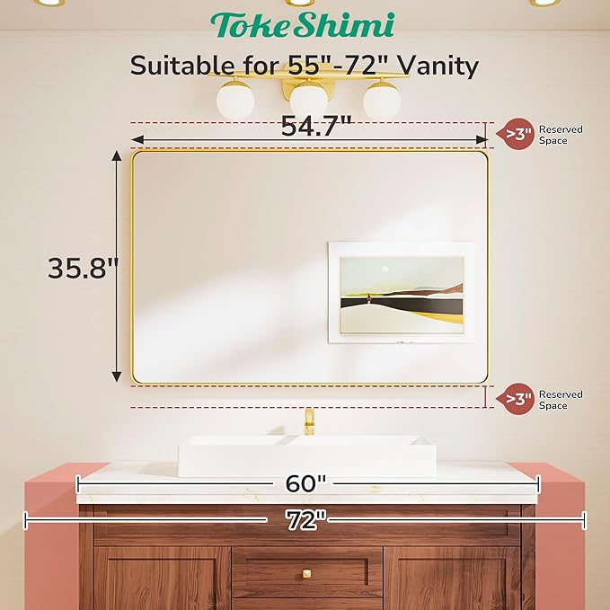TokeShimi 55x36 Bathroom Mirror Gold, Aluminum Framed Bathroom Mirrors - Image 2