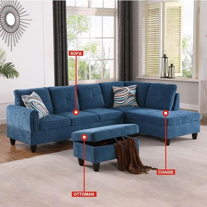 Blue L-Shaped 3-Piece Flannel Sofa - Image 3