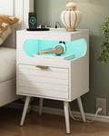 White Nightstand with Charging Station and LED Lights, Modern Bedside Table by JOONEE