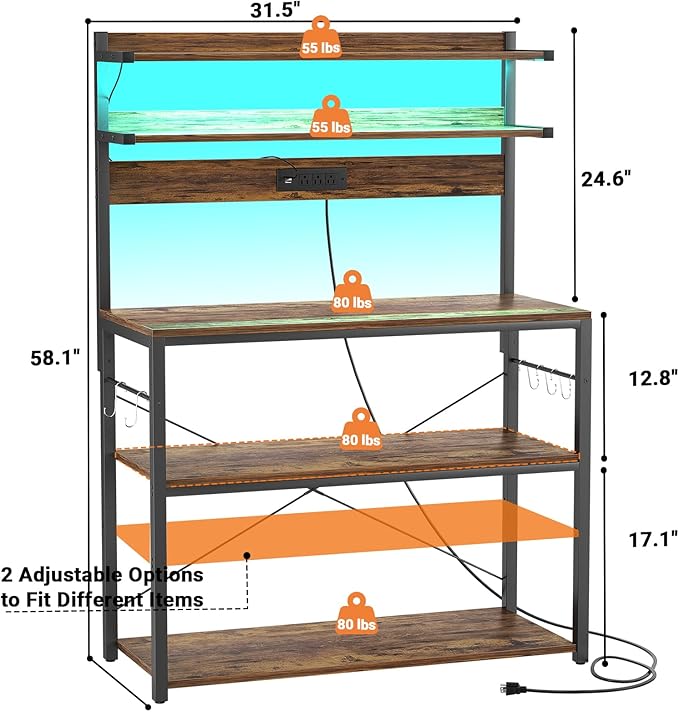 Aheaplus Bakers Rack with Power Outlet, Microwave Stand, 5 Tiers Coffee Bar - Image 7