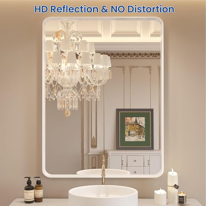 WEER White Bathroom Mirror 20X30 Inch, Rounded Rectangle White Metal Frame - Image 2