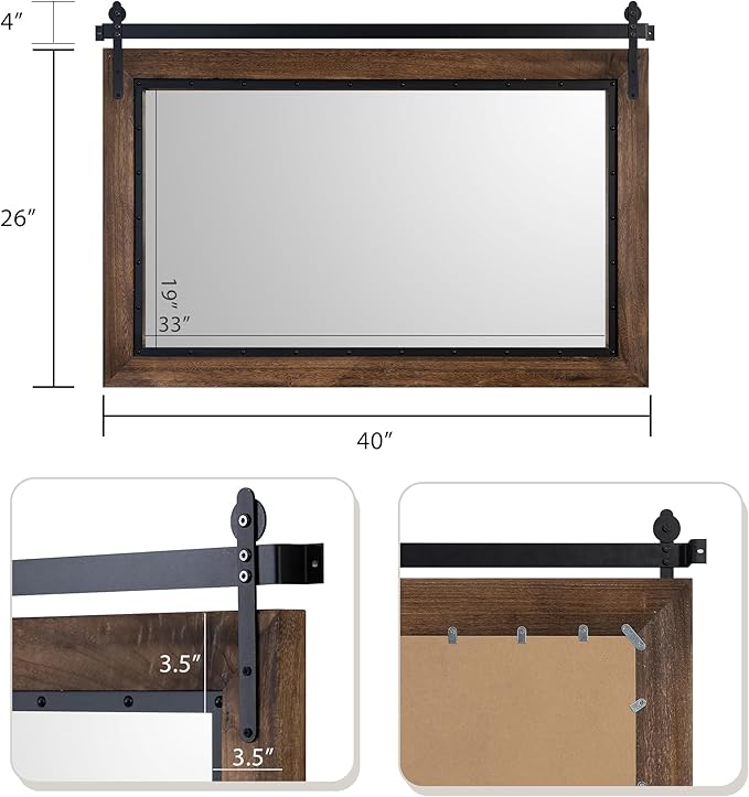YOSHOOT Farmhouse Barn Door Mirror, Wood Frame Wall Mirror, Wooden Mirror - Image 2