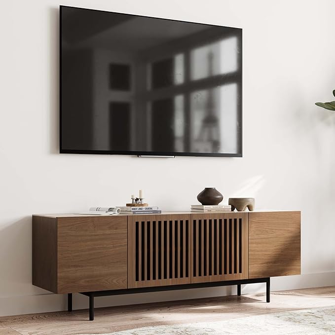POVISON Fully-Assembled Mid Century Modern Sintered Stone TV Stand, Slatted - Image 2