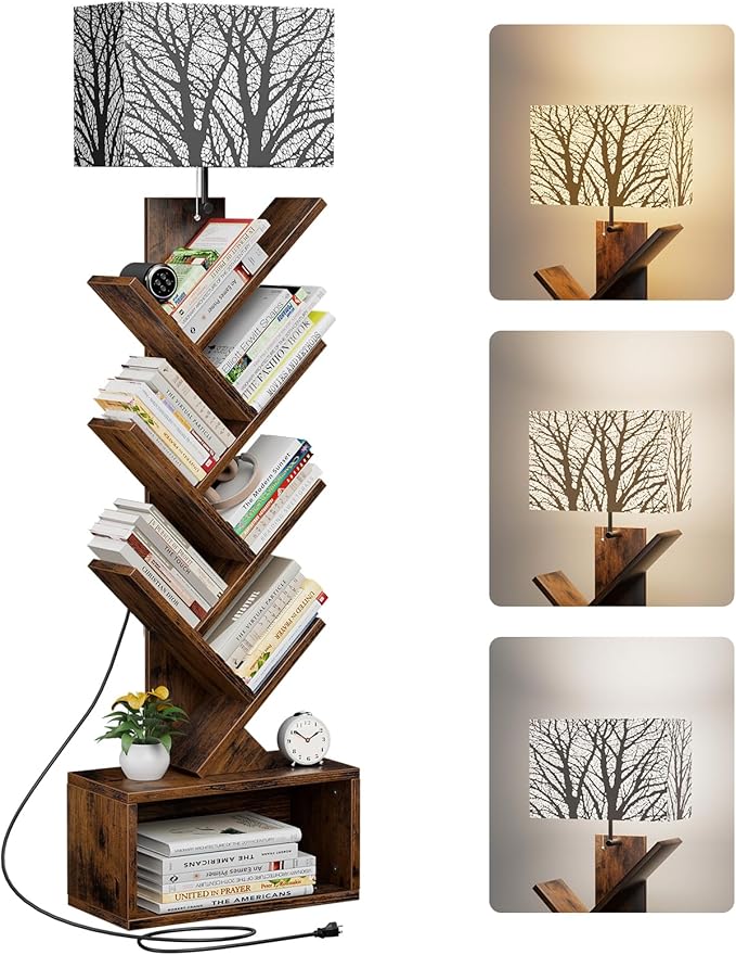 Tree Bookshelf with Light, 6 Tier Small Bookcase, Narrow Floor Standing Book by Evermagin