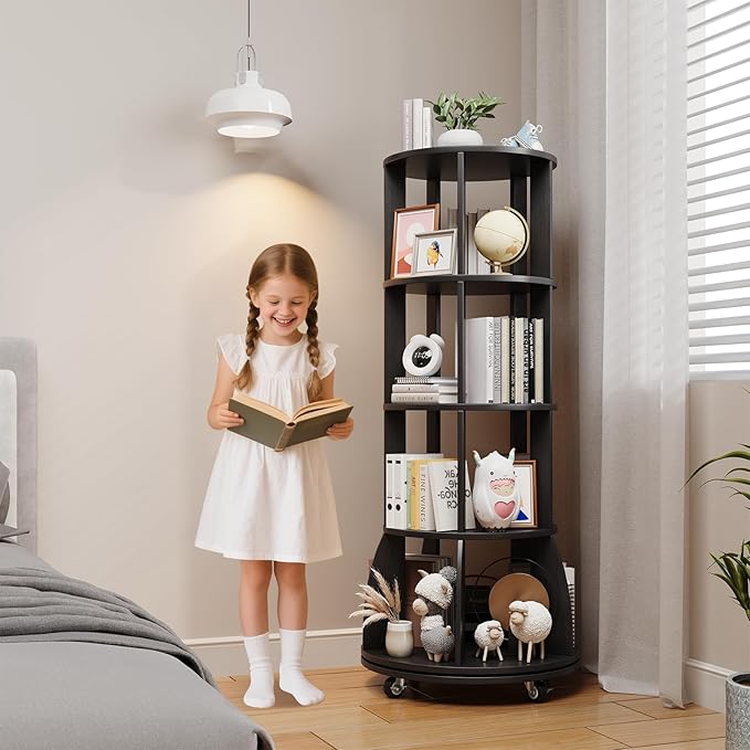 4 Tier Rotating Bookshelf with Brake Wheels, 360° Spinning Bookcase, Vertical - Image 2
