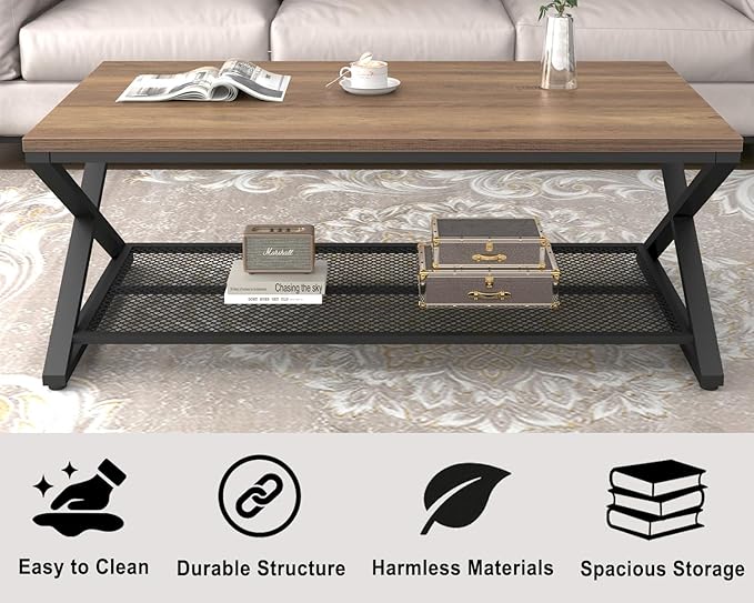 LVB Wood Coffee Table, Metal Wooden 2 Tier Center Tables - Image 5
