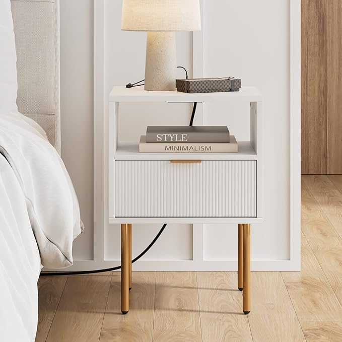 Masupu Nightstand with Charging Station, Mid-Century Modern Bedside Table with by Masupu