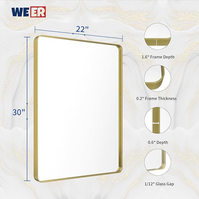 WEER Gold Bathroom Mirror, 22X30 Inch Brushed Gold Metal Frame Mirror, Rounded - Image 6