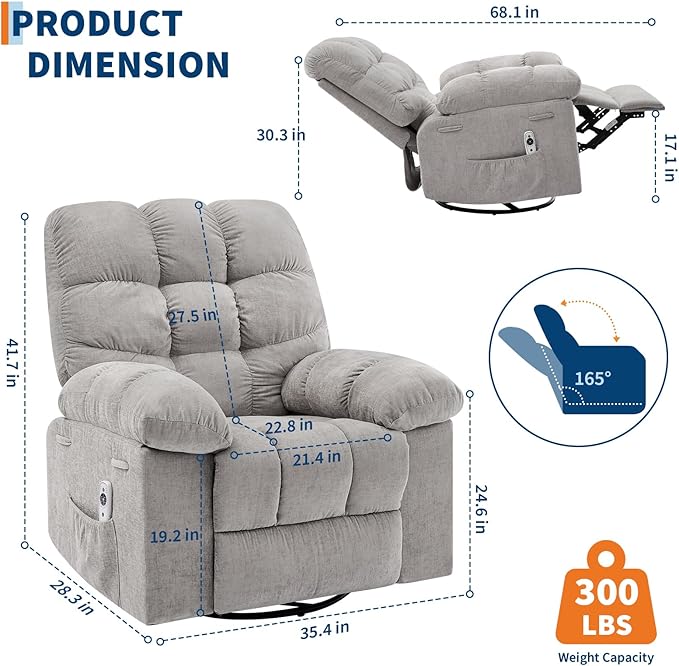 Rocking Recliner Chair with Vibration Massage & Heat, 360° Swivel Oversized - Image 3
