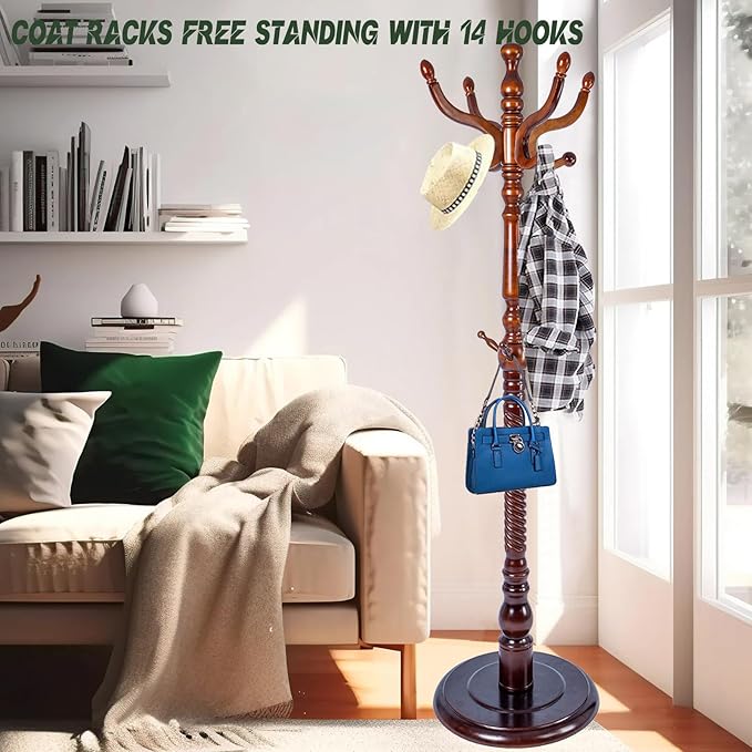 73" Wooden Coat Rack Stand, Coat Racks Freestanding - Image 2