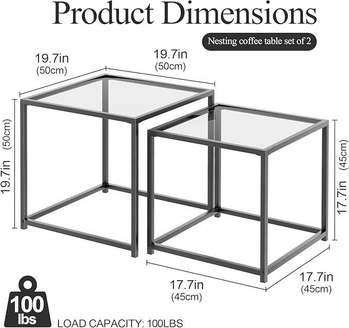 VILAWLENCE Coffee Table Set of 2, Modern Grey Patterned Glass Side Table - Image 2