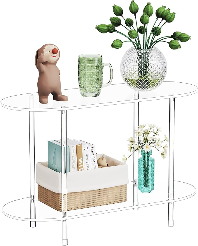 Clear Acrylic Console Table, 31.5" L x 11.8" W x 20" H, 2 Tier Oval Small by Unknown
