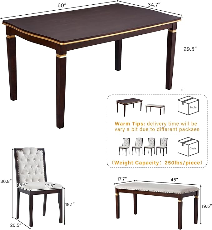 Ball & Cast Dining Table Set for 6, Kitchen Table W/ 4 High-Back Tufted Chairs - Image 3