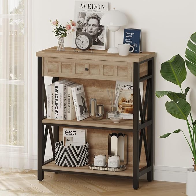 FATORRI Rustic Bookshelf with Drawer, Industrial Wood and Metal Bookcase by FATORRI