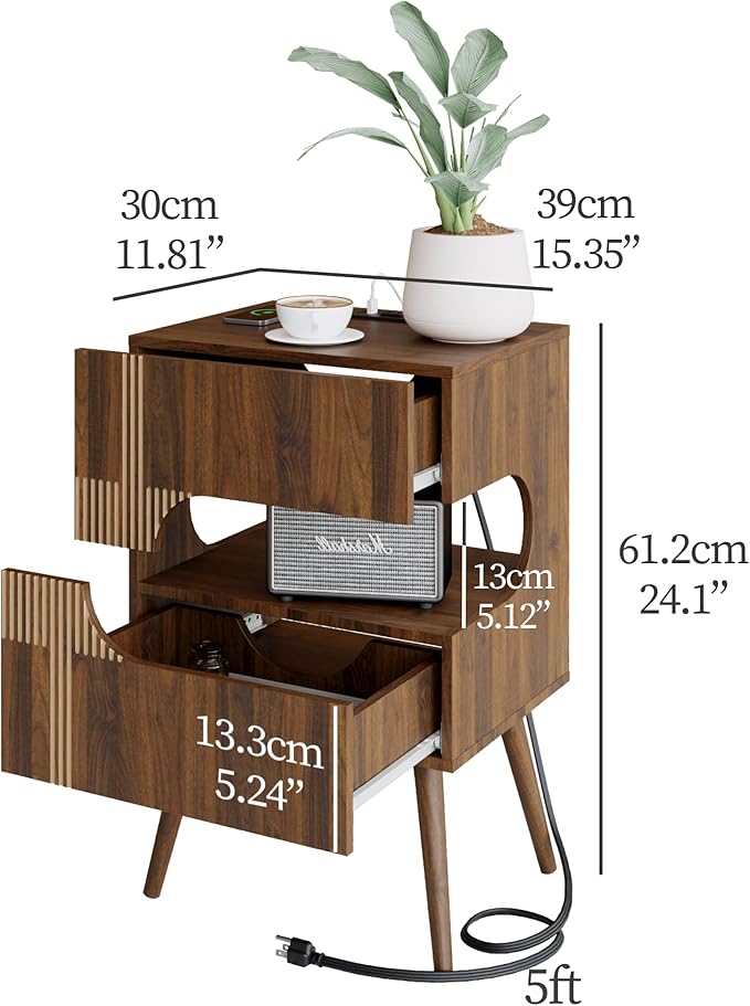 Nightstand with Charging Station and LED Lights, Modern Bedside Table with 2 - Image 2