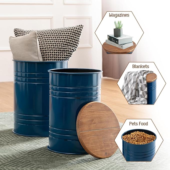 Glitzhome Farmhouse Accent Side Table, Metal Storage Stool Ottoman - Image 4