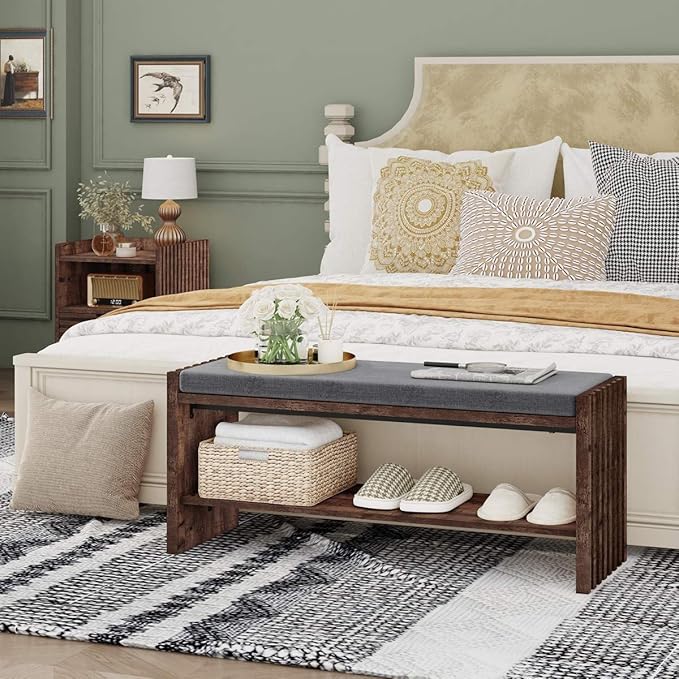BON AUGURE Entryway Bench with Shoe Storage, 2-Tier Shoe Rack Bench with Cushion - Image 7