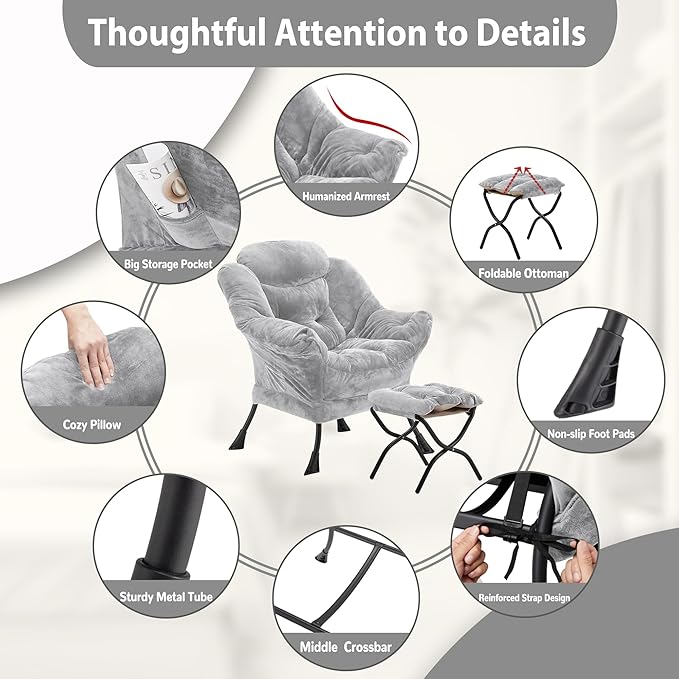 Lazy Chair with Folding Ottoman, Accent Chair Plush Upholstered with Metal - Image 6