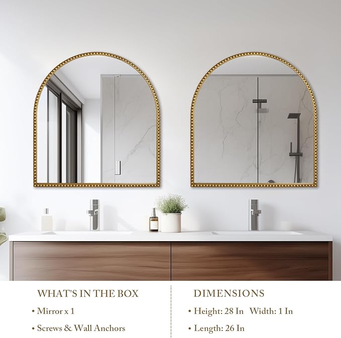 28x26 Inch Arched Bathroom Mirror, Antique Gold Wall Mirror Metal Beaded Frame - Image 5