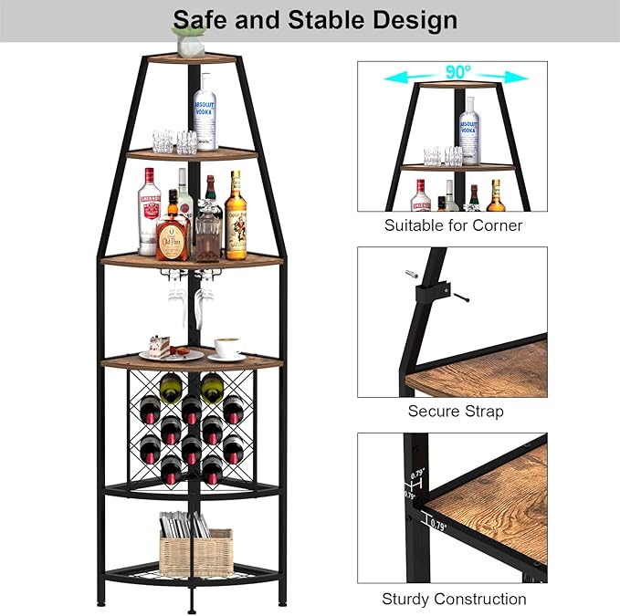 5-Tier Corner Wine Rack with LED Light Floor Standing Wine Rack with Glass - Image 8