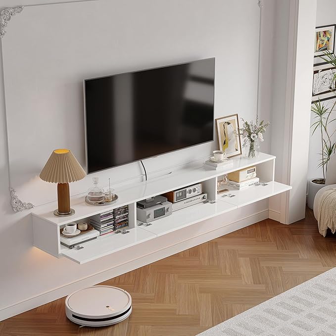 Retro Floating TV Console with 3 Doors, Wall Mounted TV Cabinet, Contemporary - Image 4