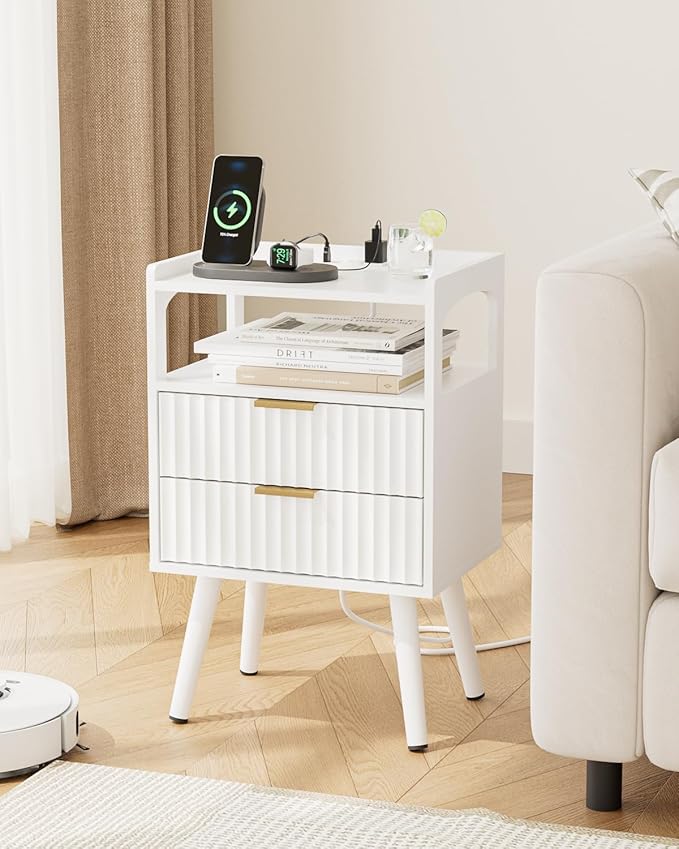 Nightstand with Charging Station and LED Lights, Modern Bedside Table with - Image 9