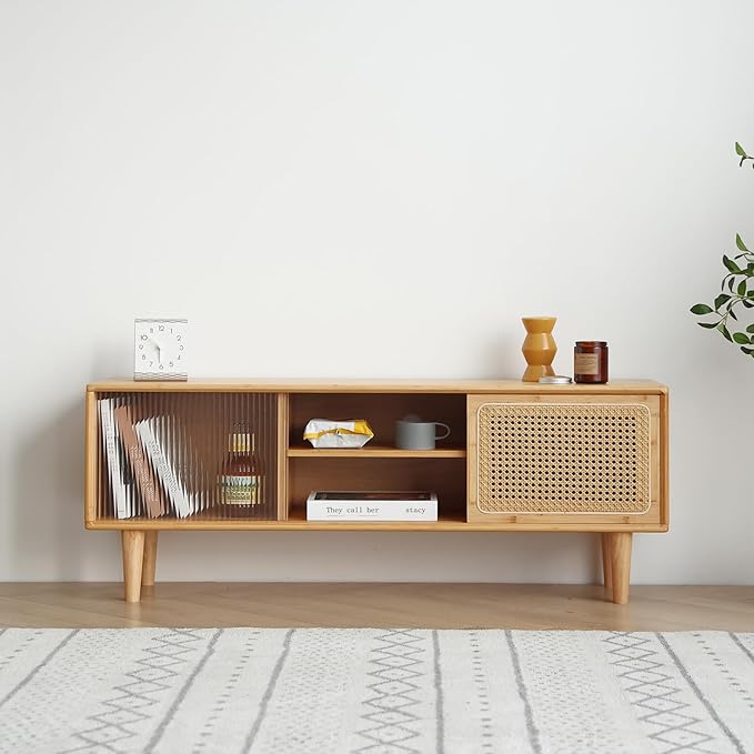 Welnow Rattan TV Stand for Up to 55 Inch, Mid Century Modern Bamboo - Image 9