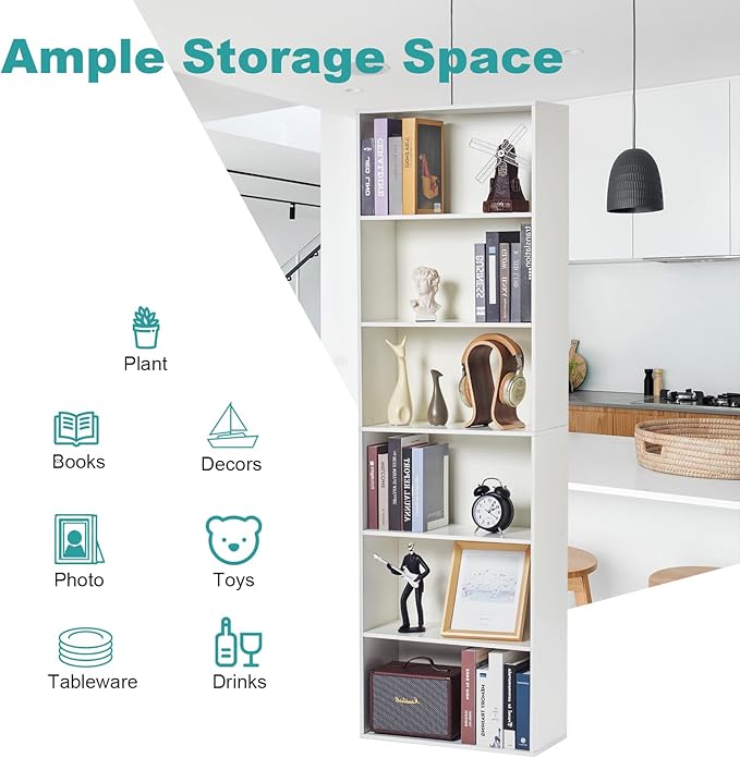 6-Tier Book Shelf, Floor Standing Open Bookcase, Wooden Display Storage Shelves - Image 4