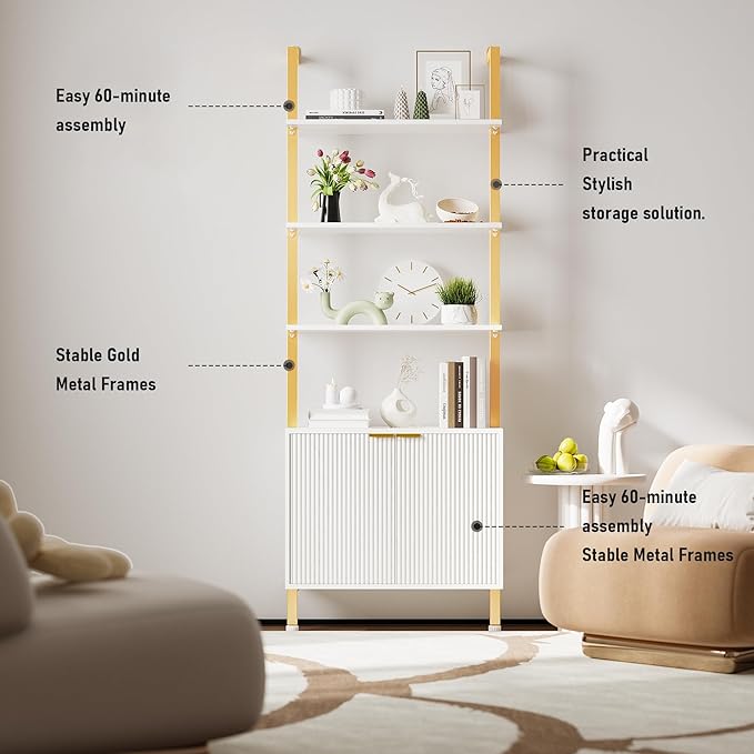 74" Tall Bookshelf with Storage Cabinet, Modern Ladder Shelf with Wood and - Image 8