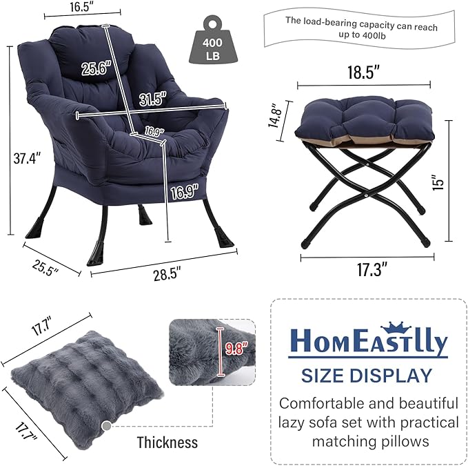 Large Lazy Chair with Ottoman, Accent Reading Chairs with a Throw Pillow - Image 3