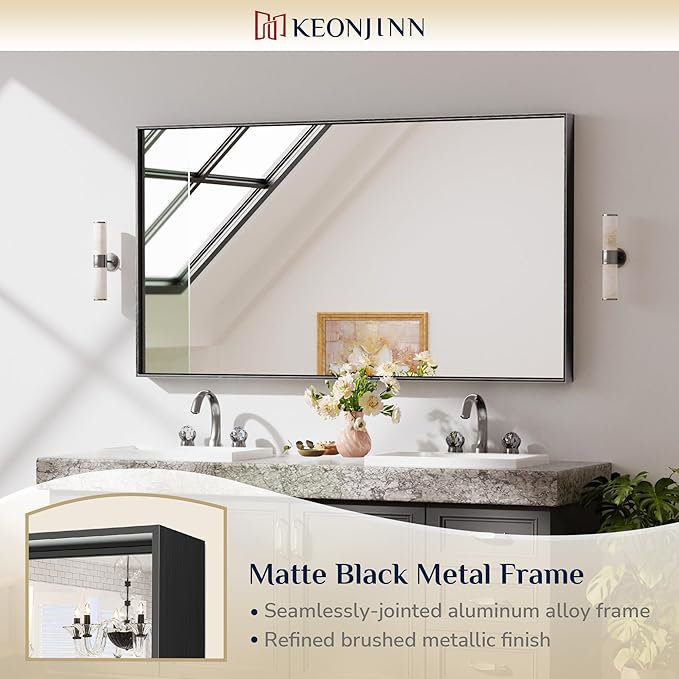 Keonjinn Black Framed Bathoom Mirror 55 x 30 Inch Large Rectangle Vanity Wall - Image 6