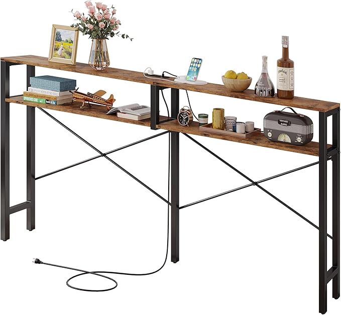 IRONCK Console Table with Power Outlet, Long Sofa Table with Shelves and by IRONCK