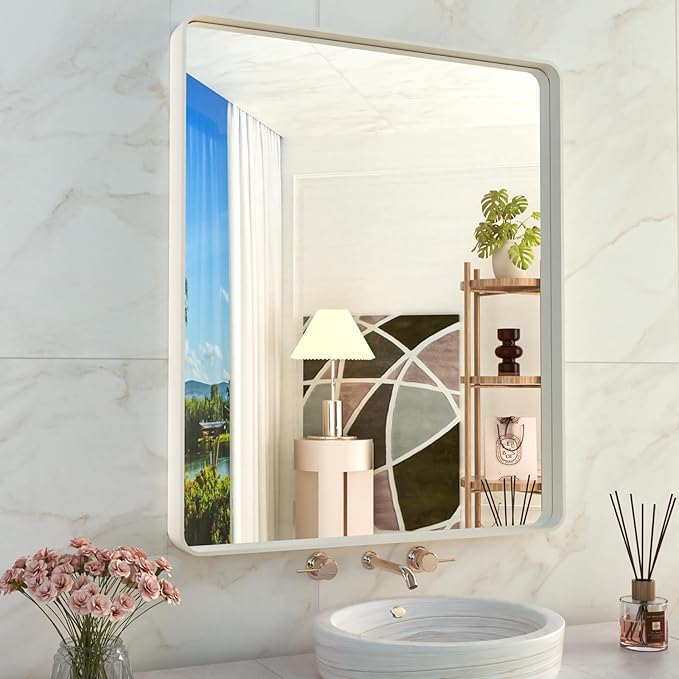 WEER White Bathroom Mirror 36X30 Inch, Rounded Rectangle White Metal Frame by WEER
