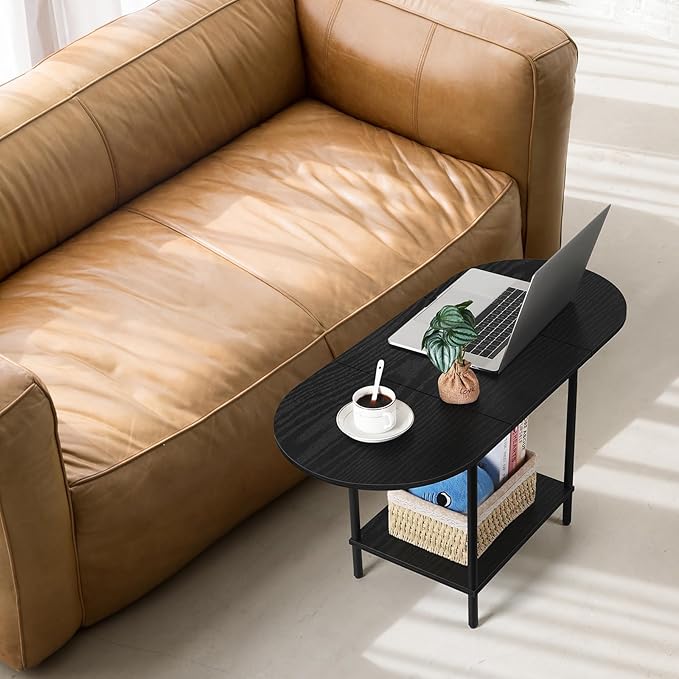 Black Coffee Table for Living Room, 2-Tier Small Oval Center Table, Mid Century - Image 6